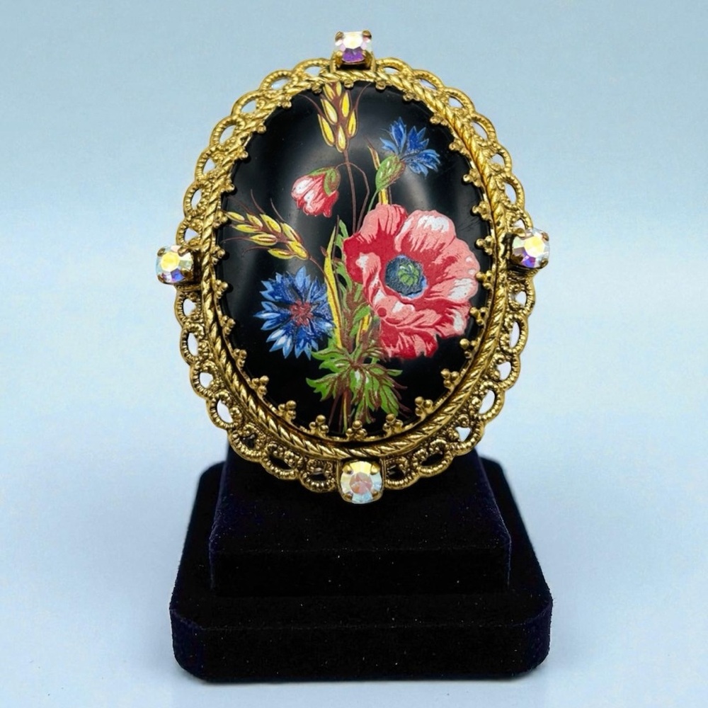 Vintage Signed W Germany Gold Filigree Black Red Blue Floral Rhinestone Brooch